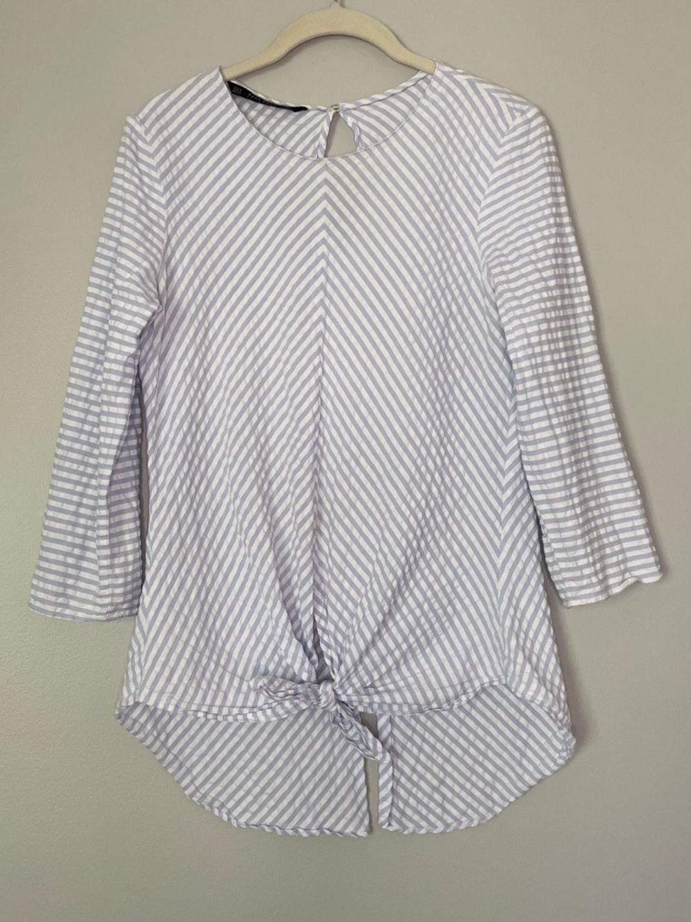 Zara Light Blue and White Stripe Seersucker Tunic Style Top
